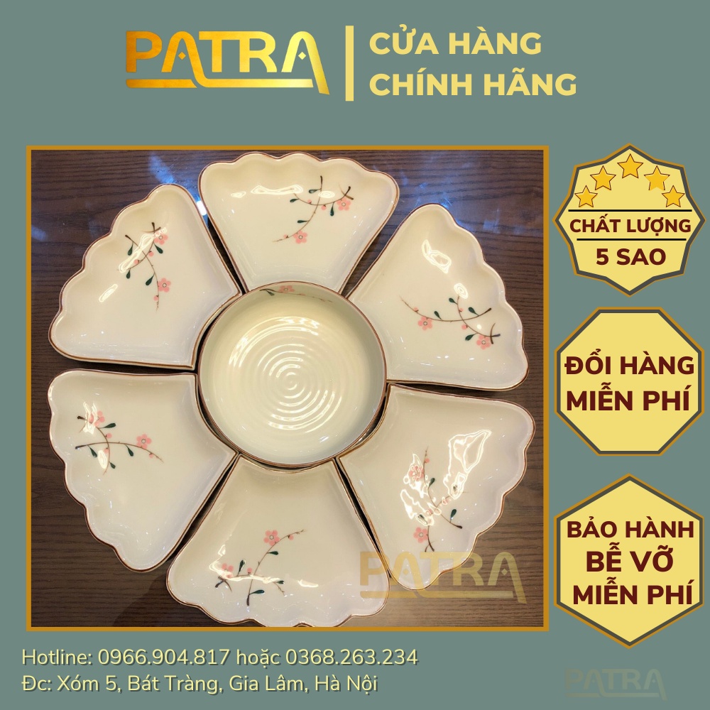 bộ bát đĩa hoa mặt trời, bát đĩa sứ men kem Bát Tràng họa tiết hoa đào thờ cúng gia tiên