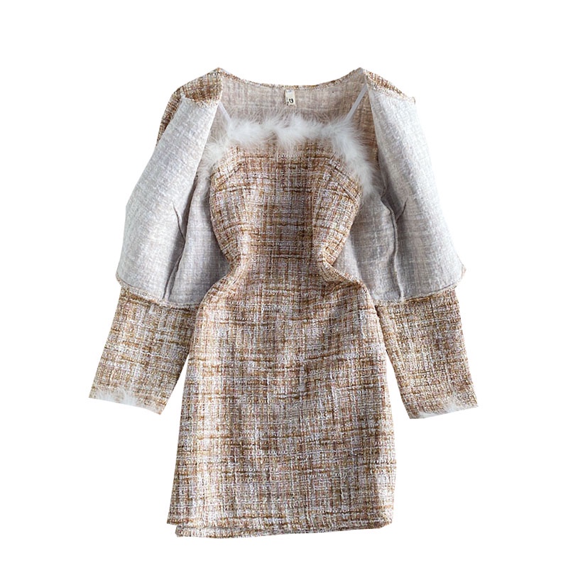 🌸Hàng Order🌸 Sét Váy Dạ 2 Dây Viền Lông Kèm Áo Khoác Dạ Sang Trọng Thanh Lịch🌸Hàng Quảng Châu