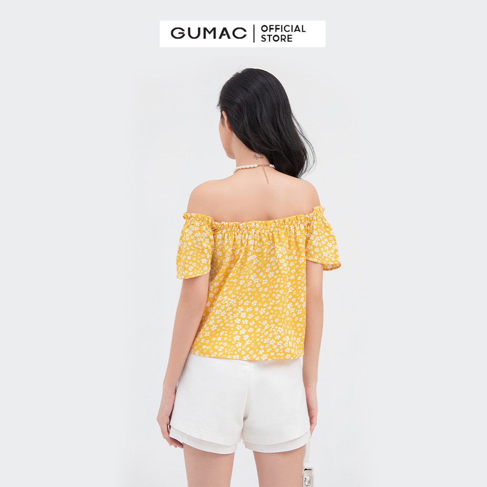 Áo croptop nữ trễ vai GUMAC họa tiết hoa nhí màu vàng AB829