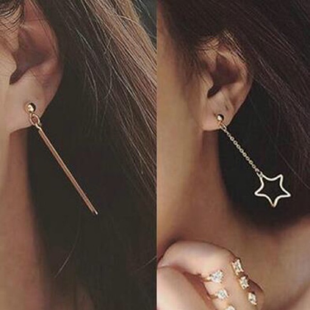 Bông tai dài bất đối xứng thanh dọc và ngôi sao