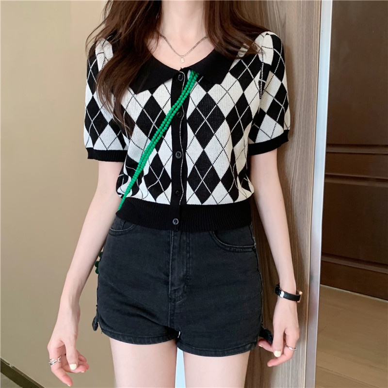 [CÓ SẴN] Áo Croptop Tay Ngắn Cổ Polo Kẻ Ô Hàn Quốc AL17