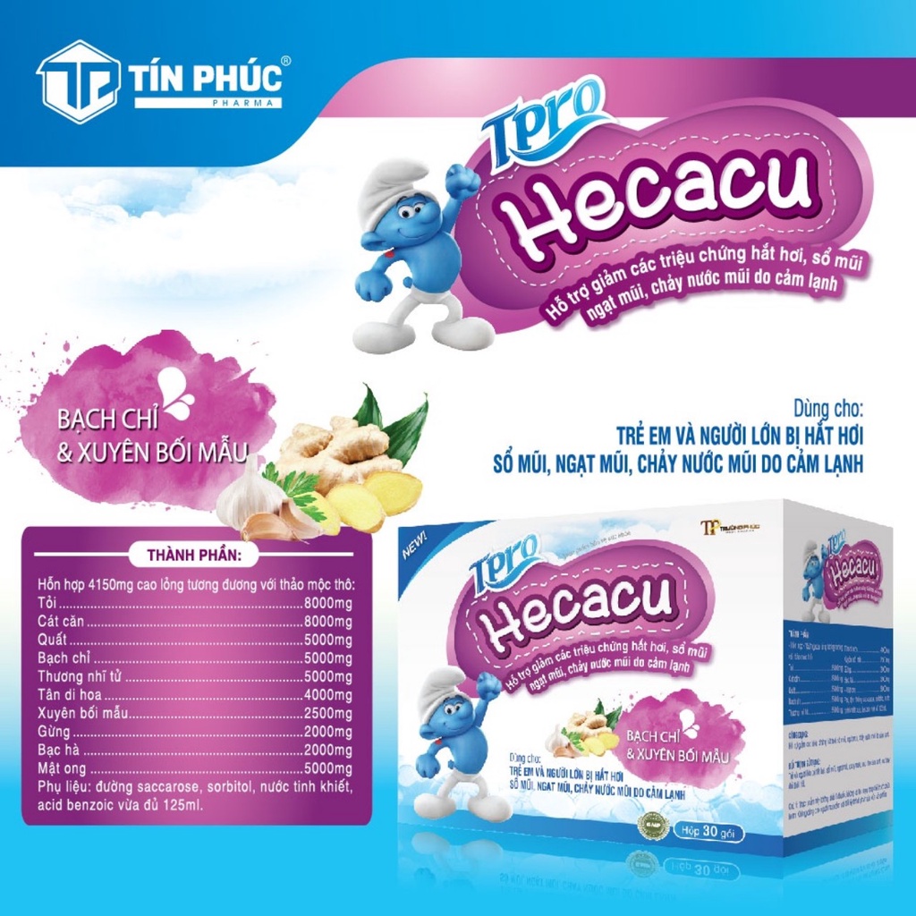 HECACU hỗ trợ giảm các triệu chứng hắt hơi, sổ mũi, ngạt mũi, chảy mũi do cảm lạnh Hộp 30 gói