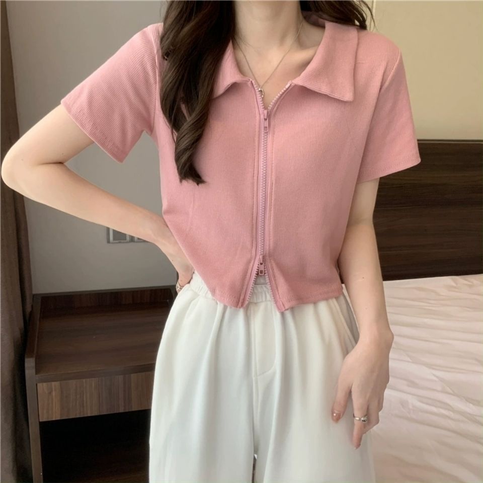 Áo Thun Crop Top Nữ Ngắn Tay Có Khóa Kéo Mới