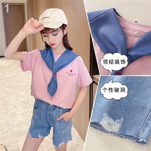 khoác bé gái◈❀Năm 2021 mùa xuân mới áo thun cổ thủy thủ quần short denim phù hợp với thời trang trẻ em hai mảnh p