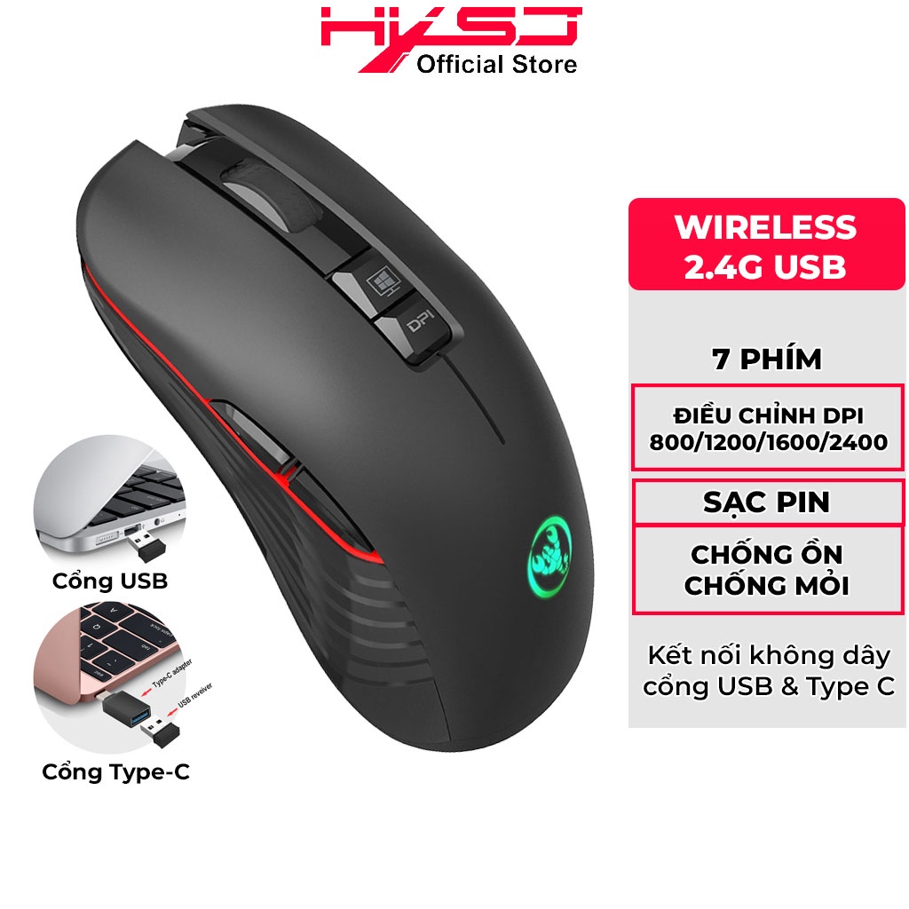 Chuột không dây chơi game HXSJ T30 Wireless 2.4GHz (USB & TYPE C) DPI 2400 cho laptop, văn phòng gaming- Hàng Chính Hãng