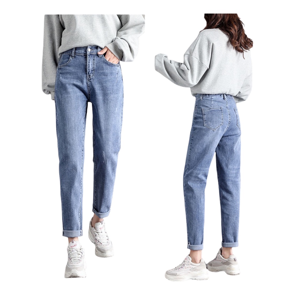 Quần jean dài phom Baggy / boyfriend co dãn mạnh, lưng cao, màu xanh đá hottrend 4088