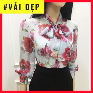 Áo sơ mi nữ công sở💖Freeship💖Có Clip - Áo hoa thắt nơ vải voan tay dài