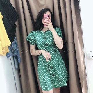 Váy hoa cài cúc tay  bồng( ảnh thật)