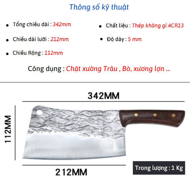 Dao Bếp Chặt Xương Cao Cấp AKATSUKI Nhật Bản Nặng 1KG  Dày 5mm Họa Tiết Vân Búa Thép Nguyên Khối Chống Gỉ 5Cr15Mov