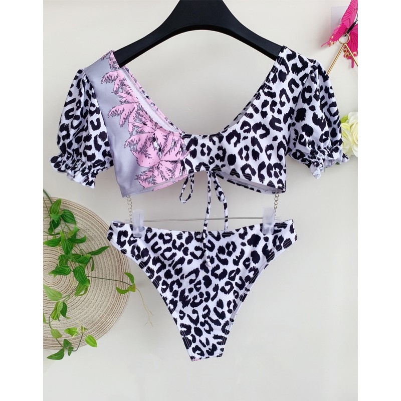 [BKN1146] &lt;ÂU&gt; SET BIKINI TAY NGẮN BEO MIX HỒNG (CẠP CAO)