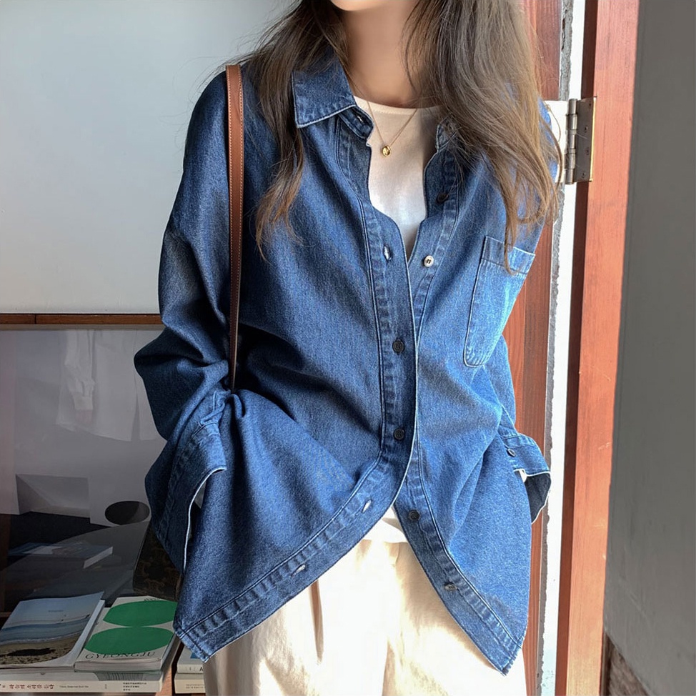 Áo khoác Jean Denim nữ Thiết kế Retro Form rộng Dài tay Ulzzang Hàn Quốc Áo khoác bò Thu Đông Thời trang