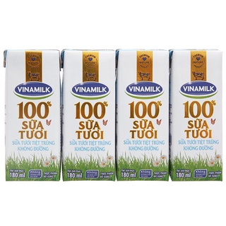 Lốc 4 hộp sữa tươi tiệt trùng không đường Vinamilk 100% Sữa Tươi 180ml