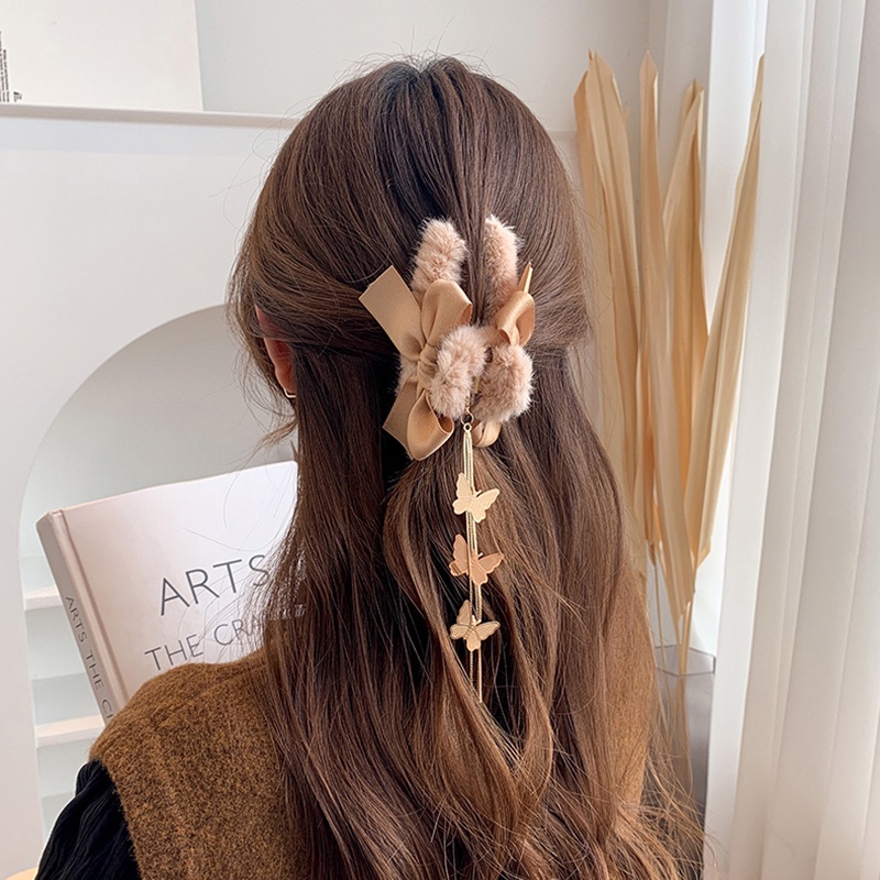 IF ME Kẹp Tóc Hình Nơ Phối Lông Nhiều Màu Sắc Ngọt Ngào