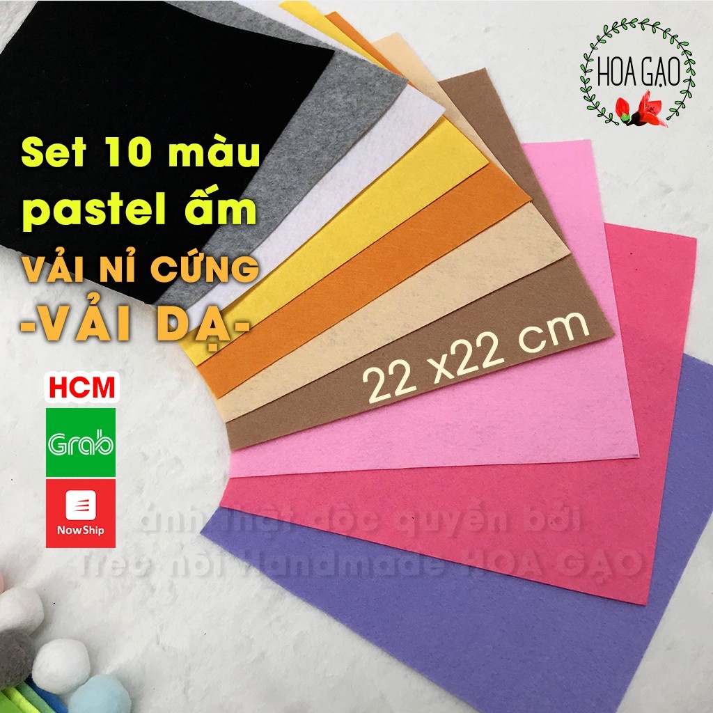 Vải nỉ cứng combo 10 màu pastel ấm 22cm HOA GẠO GNCB2B khổ nhỏ, vải dạ cứng làm sách vải, diy  dễ cắt dán