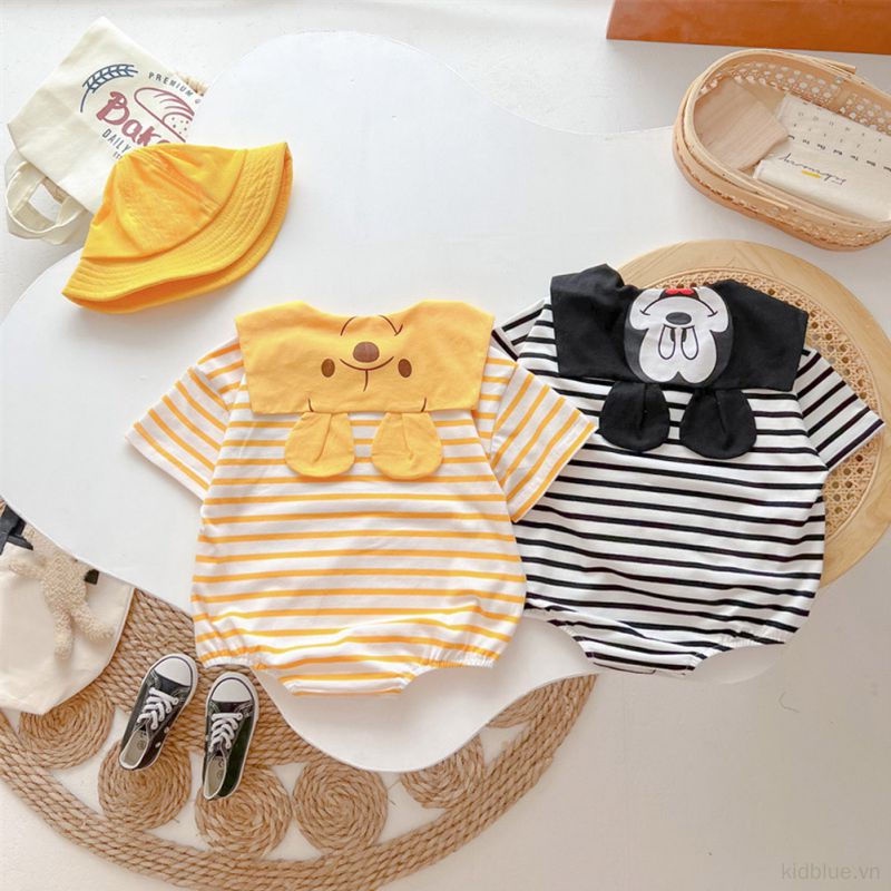 Áo Liền Quần Tam Giác Cổ Thủy Thủ Họa Tiết Hoạt Hình Kẻ Sọc Màu Tương Phản Cho Bé