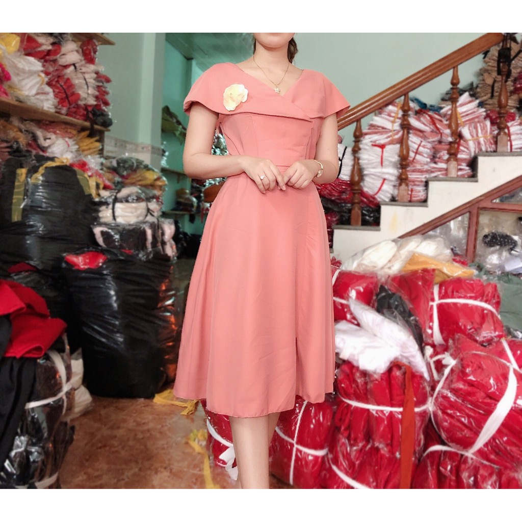Váy xòe đầm nữ dự tiệc freesize chất kate lụa cổ bèo đính hoa Kimhoa77 | BigBuy360 - bigbuy360.vn