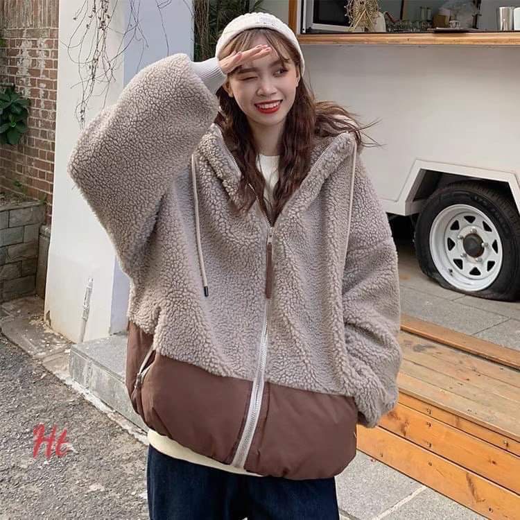 Hàng hot áo lông mũ thêu phối nỉ  Áo lông phối nỉ mũ UTHE 3 màu: be, đen, xám Chất lông mịn phối nỉ