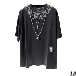Áo Phông Nam Nữ 12.DESTINY Phối Da Và Chi Tiết Xích Đôi Mặt Dây Chuyền Thánh Giá Chất Liệu Cotton Premium Màu Đen