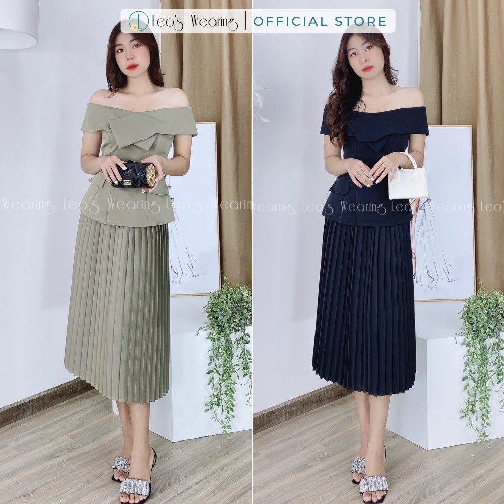 Set chân váy xếp ly công sở mix áo sơ mi cổ trễ LEOSWEARING L223 L224