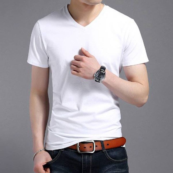 Áo thun Cổ TIM nam - Basic TEE - HOA LONG (Trắng)