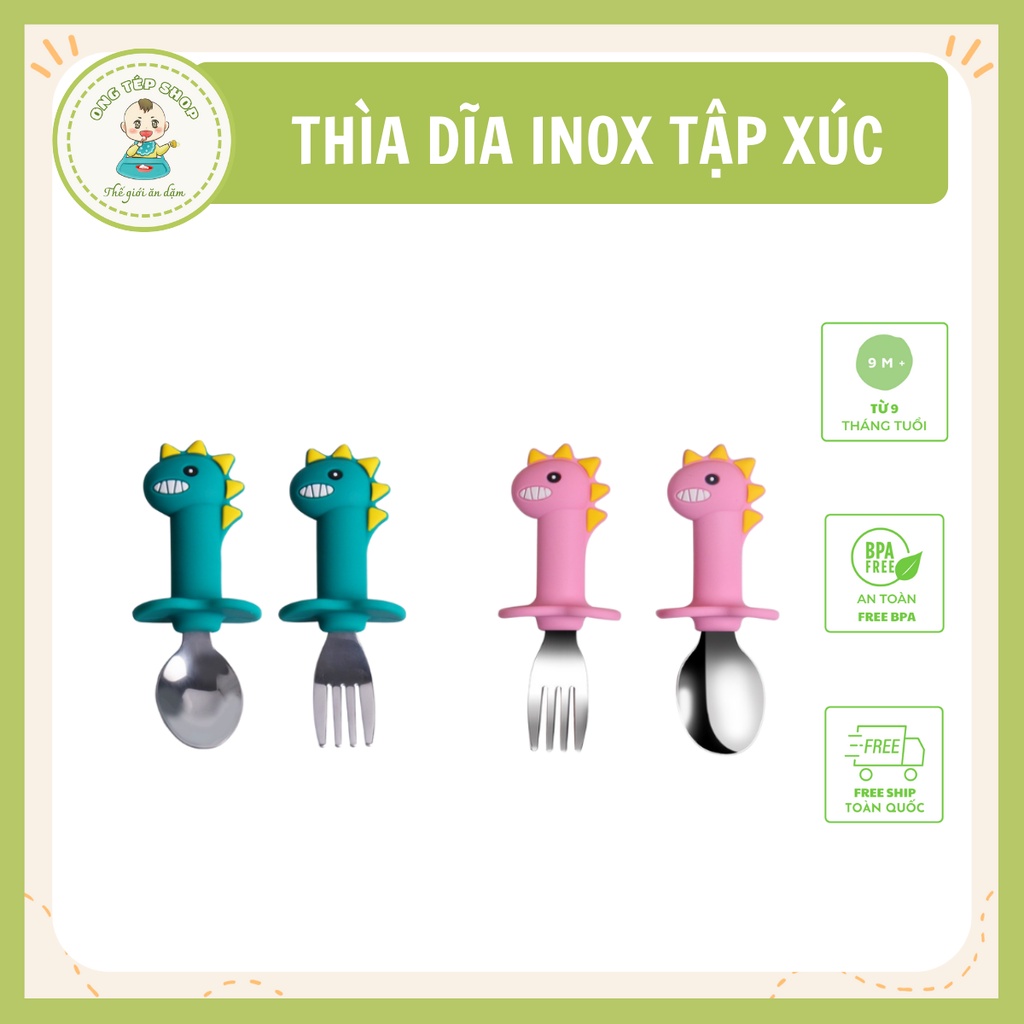 Thìa dĩa tập xúc cho bé tập ăn chất liệu inox cao cấp hình khủng long inox