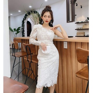 Đầm dự tiệc sang trọng - thiết kế ôm body, lệch vai, tay dài - Chất liệu: ren nhập cao cấp