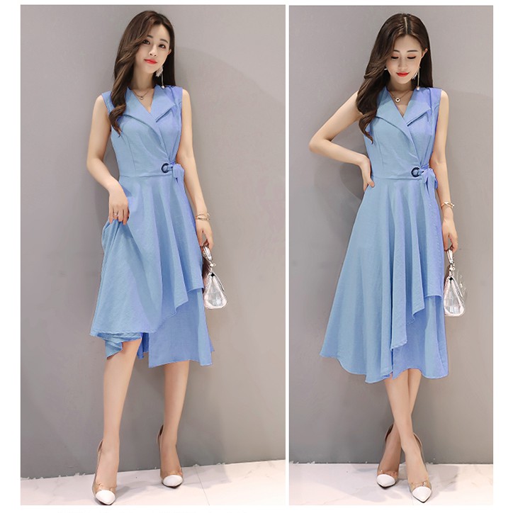 Đầm nữ đầm dự tiệc dáng xoè váy cao cấp sát nách phối dây nơ eo màu xanh và màu cam | BigBuy360 - bigbuy360.vn