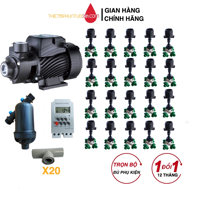 Trọn bộ phun sương tưới lan cây cảnh vườn rau hoa hồng 20 béc 4 hướng cho vườn 30 hoặc 70m2 - MHL