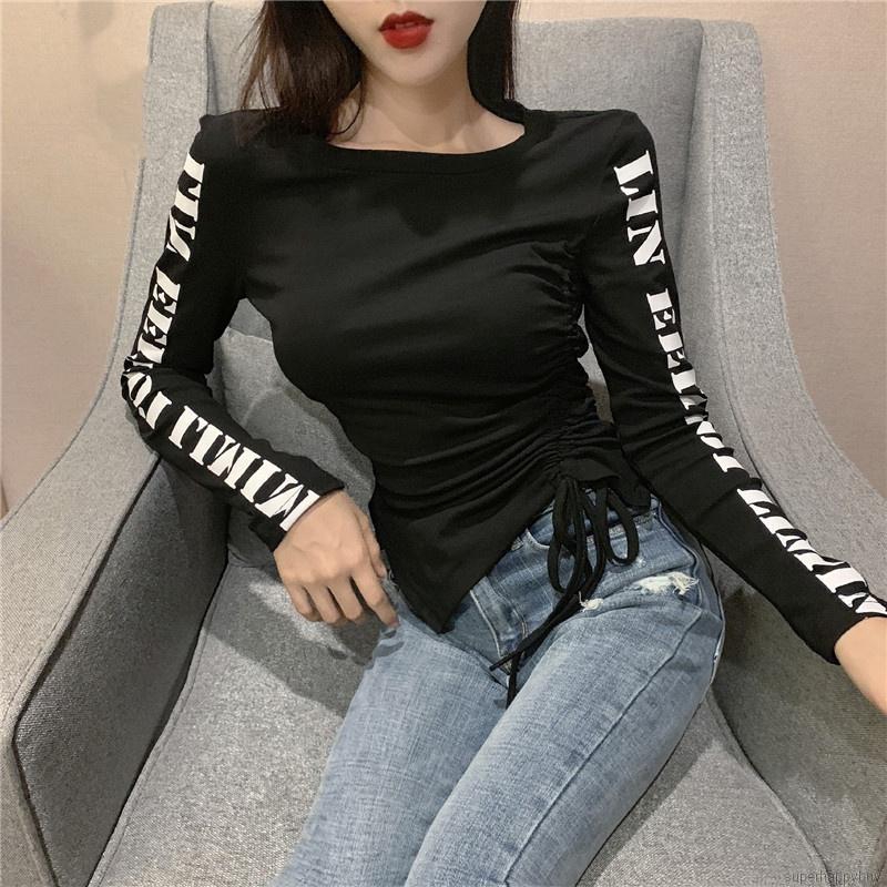 Áo thun nữ tay dài có in chữ thời trang quyến rũ