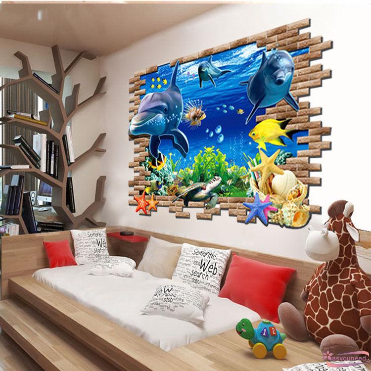 Decal dán tường hình cá heo 3D sáng tạo dễ tháo gỡ chất liệu PVC kích thước 50x70cm