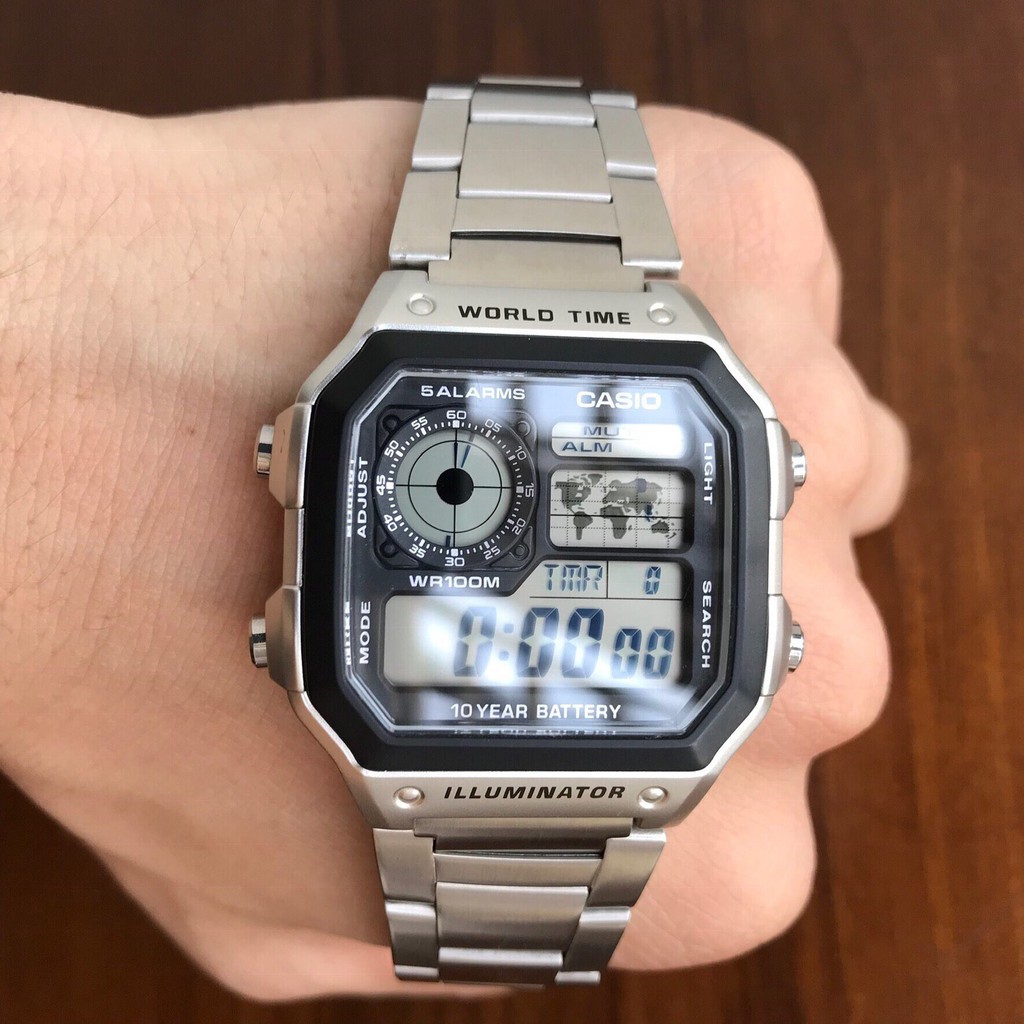 Đồng hồ Casio Nam AE-1200 thiết kế mặt vuông cổ điển dây kim loại chống nước - pin 10 năm xài siêu bên