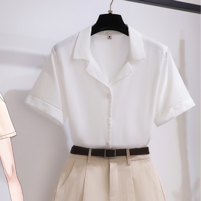 Áo sơ mi ngắn tay nữ cổ vest form rộng suông kiểu dáng basic unisex phong cách Hàn Quốc dễ kết hợp quần áo