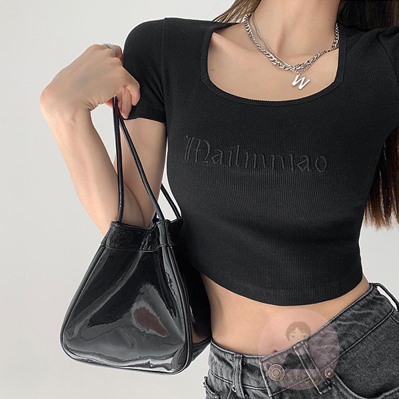 DRE-Women´s Summer Short T-shirt,Letter Embroidery Square Neck Short Sleeve Knitted Cropped Navel  T-shirt