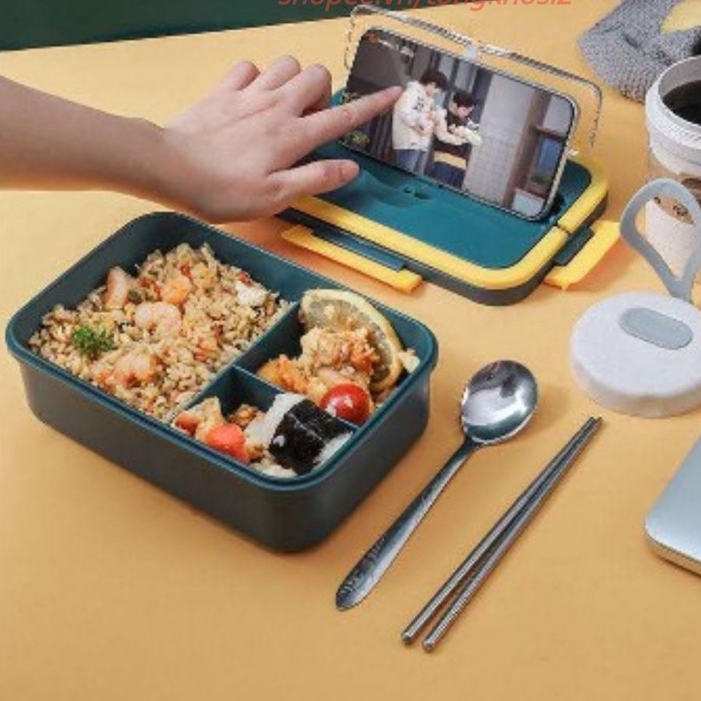 Hộp Đựng Cơm Giữ Nhiệt Ăn Trưa Văn Phòng 3 Ngăn- Nhựa/Lúa Mạch Có Quai Xách- Kèm Thìa Đũa INOX, Sử Dụng Được Lò Vi Sóng