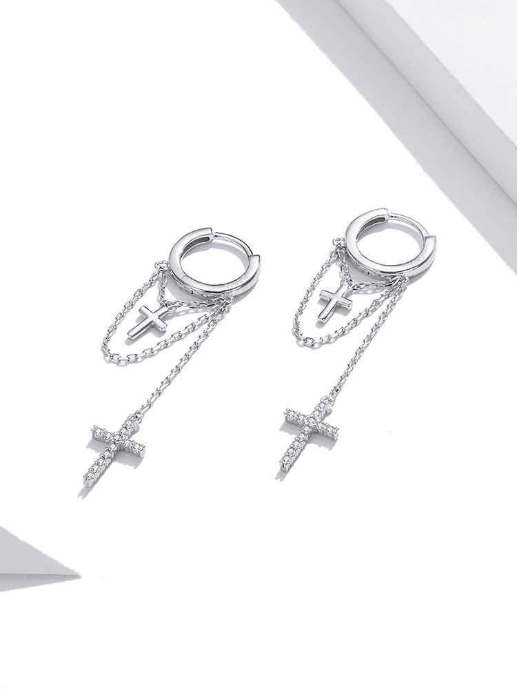 Khuyên Tai Bamoer SCE1002 Chốt Bạc 925 Dáng Dài Họa Tiết Thánh Giá Bắt Mắt Cho Phái Nữ