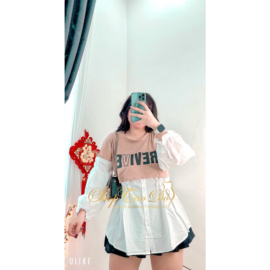 (TÁO ĐỎ BIGSIZE 55-90KG) Áo Babydoll sơ mi phối chữ Revive tay phồng siêu xinh A43 (ảnh thật shop chụp 100%)