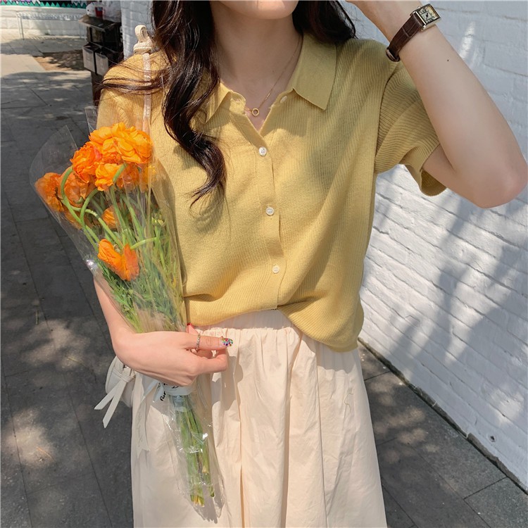 Áo thun POLO dệt kim tay ngắn dáng rộng màu sắc đơn giản dễ phối đồ | BigBuy360 - bigbuy360.vn