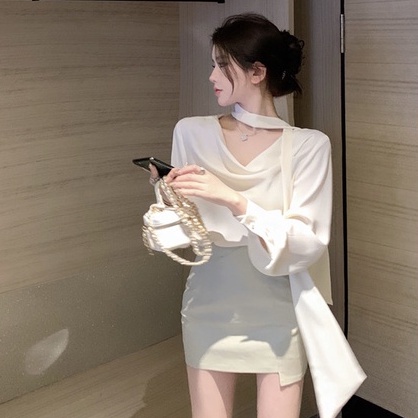 Set Áo Sơ Mi Trắng Dài Tay + Chân Váy Lưng Cao Phong Cách Hàn Quốc Thời Trang Cho Nữ