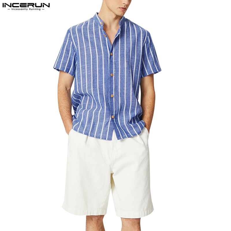 INCERUN Áo Sơ Mi Ngắn Tay Họa Tiết Kẻ Sọc Thời Trang Cho Nam