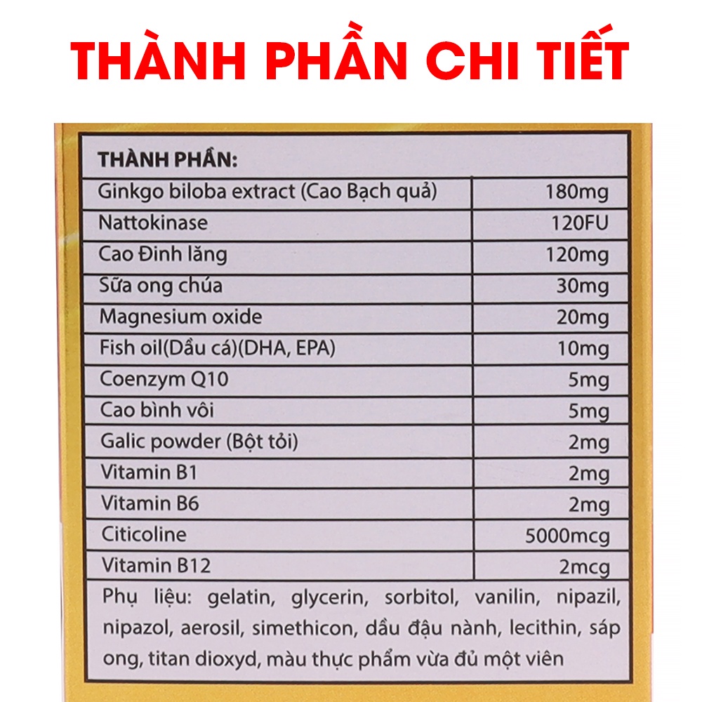 Hoạt huyết dưỡng não BrainCare Ginkgo Biloba nattokinase - 100 viên [BRAIN CARE VITA GOLD vàng]