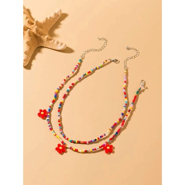 Set 2 dây chuyền y2k hạt màu cườm đính hoa phong cáchh vintage cổ điển đi biển