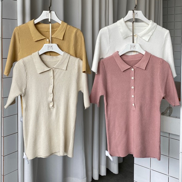 Áo thun gân nữ tay ngắn cổ polo 5 nút - AT2100 | BigBuy360 - bigbuy360.vn