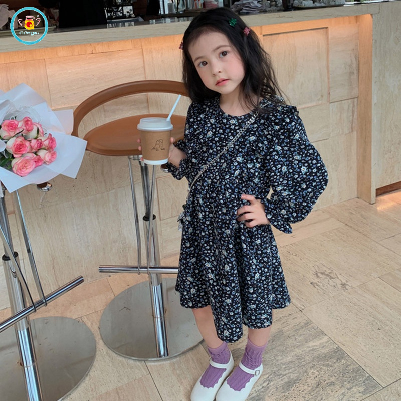 Đầm công chúa IQ Angel vải voan tay dài in hoa phong cách Hàn Quốc thời trang cho bé gái