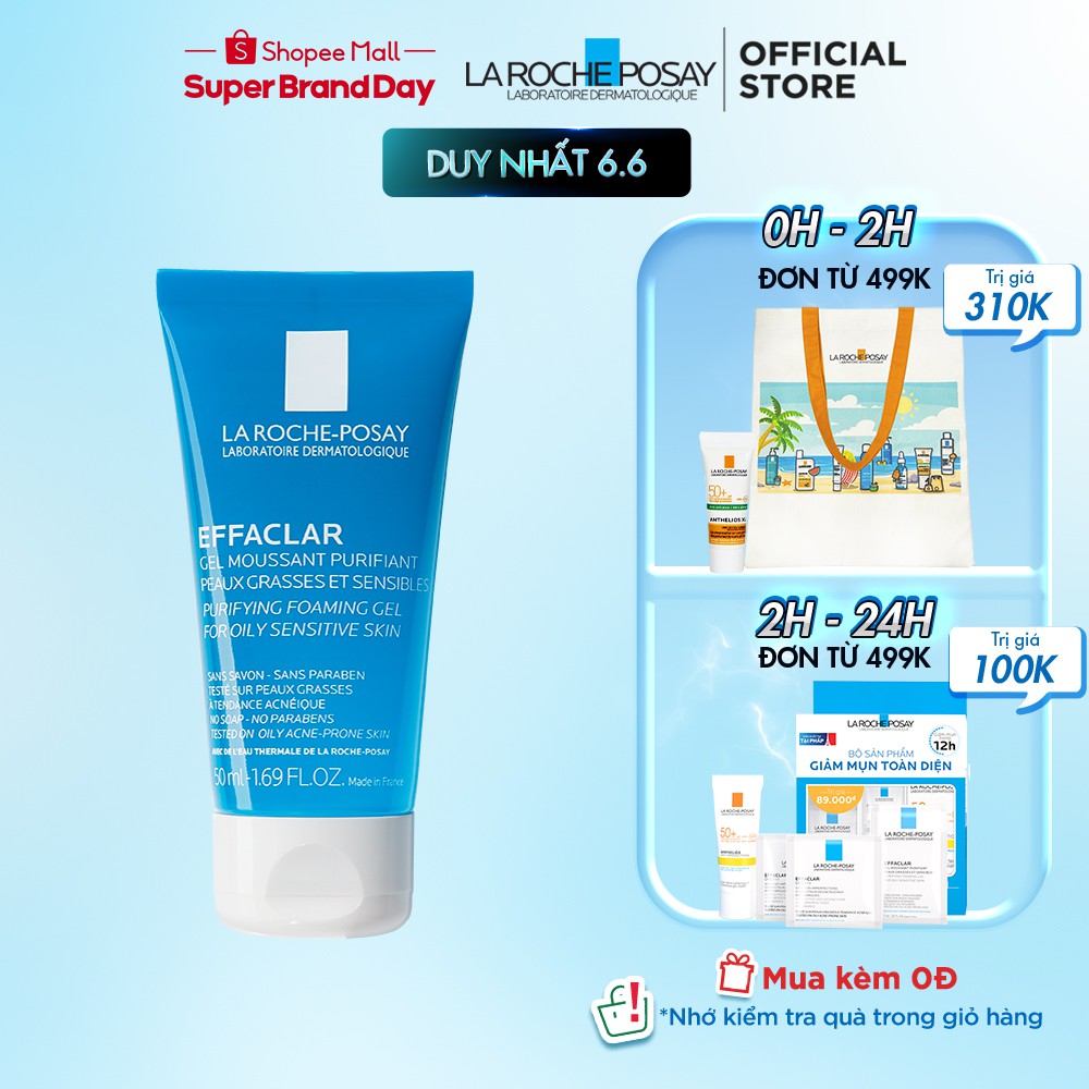 Gel rửa mặt tạo bọt làm sạch dành cho da dầu nhạy cảm La Roche-Posay Effaclar Foaming Gel 50ml