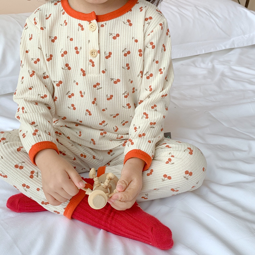 Đồ bộ bé trai bé gái hình quả Cherry cá tính dễ thương, Set quần áo sơ sinh vải cotton tổ ong tay dài Hàn Quốc