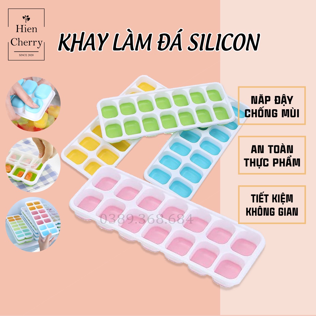 Khay đá silicon có nắp đậy 14 viên, khay làm đá tủ lạnh, làm thạch, bảo quản chống mùi