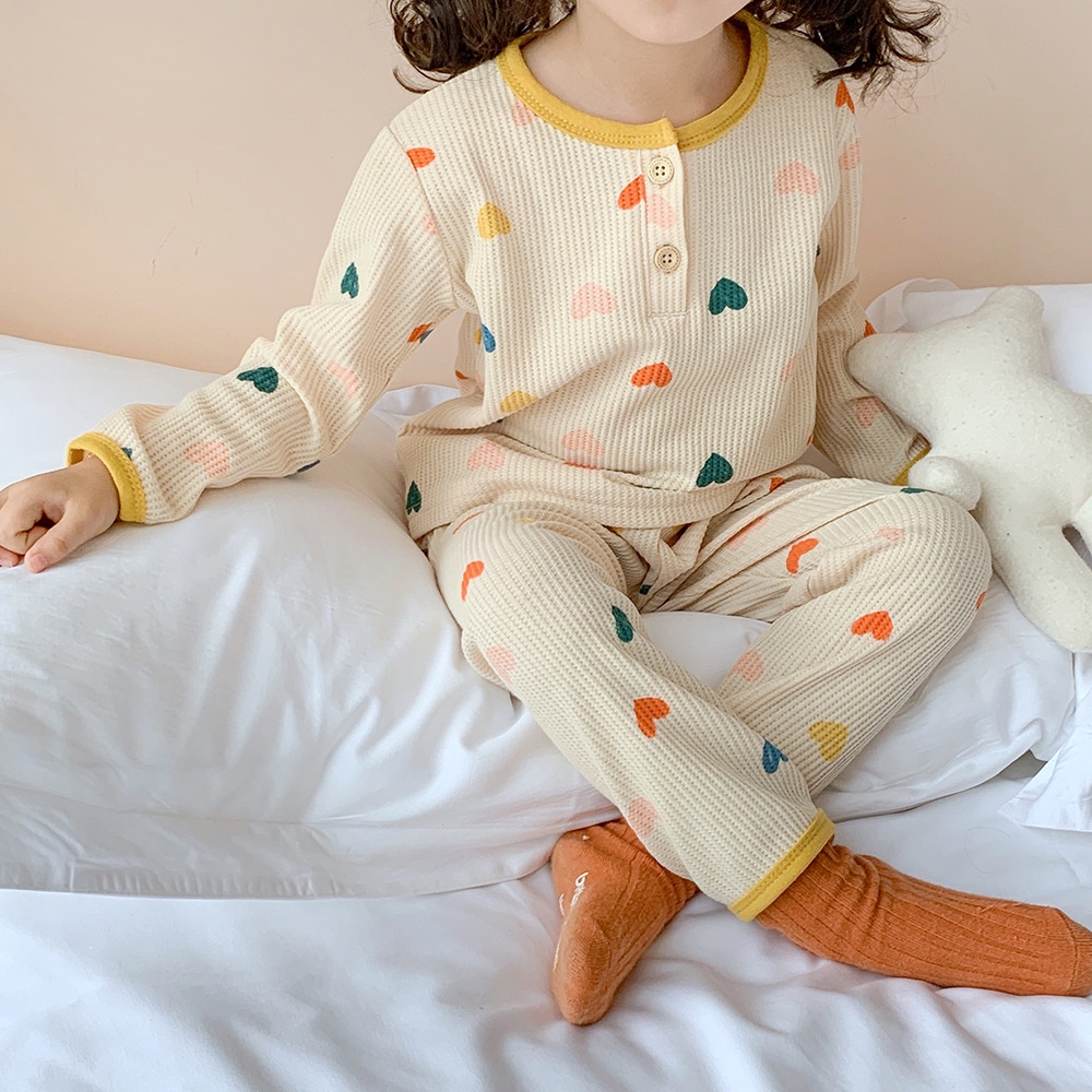 Set quần áo sơ sinh vải cotton tổ ong hình trái tim nhiều màu dài tay, Bộ quần áo bé trai và bé gái mềm mại thoáng mát