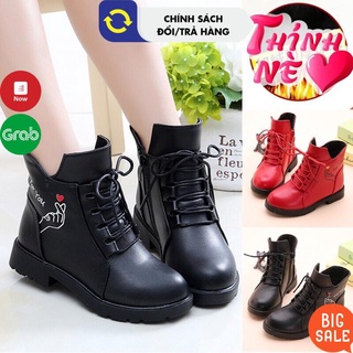 Giày boot cho bé gái da mềm khoá kéo dây thắt thời trang màu Đen Đỏ size 27-39 Phong Cách Hàn Quốc dễ thương Bốt trẻ em
