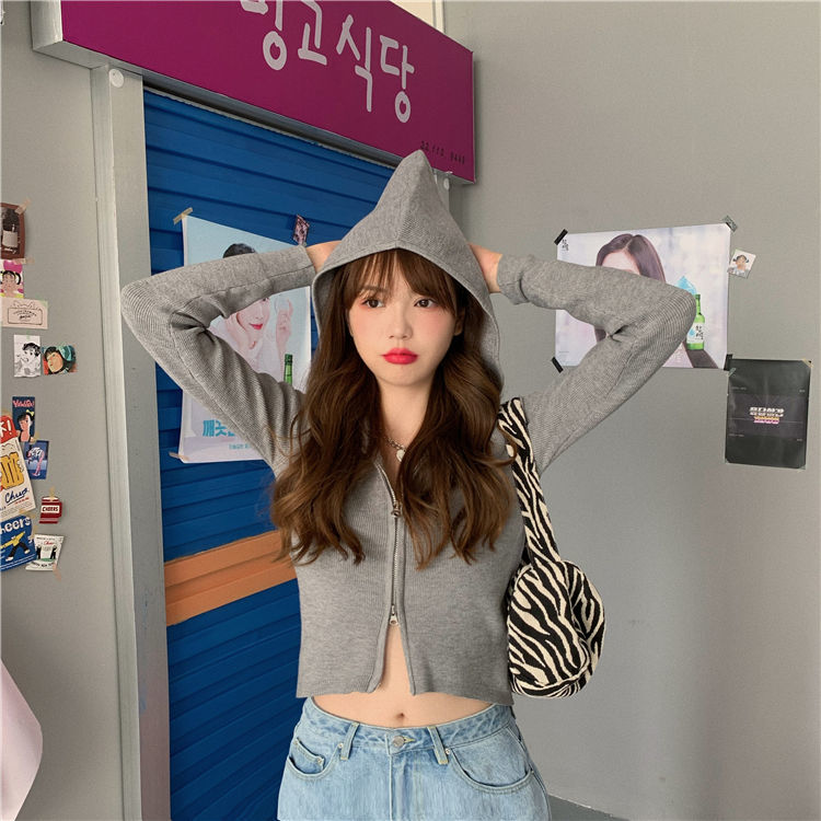 Áo Croptop Dệt Kim Dài Tay Phối Khóa Kéo Hàn Quốc Thời Trang Mùa Thu Cho Bé Gái