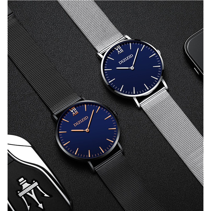 Đồng hồ nam DIZIZID máy Miyota Nhật dây lưới thép không gỉ chạy 2 kim